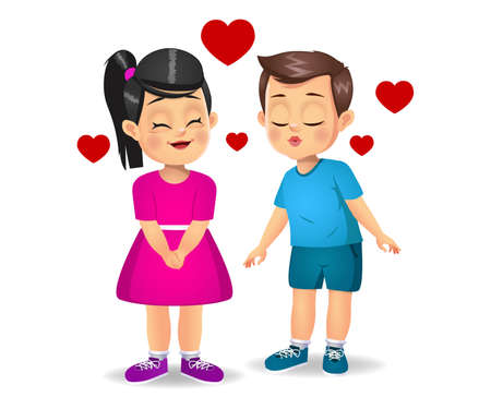 cute boy kid kissing his girl vectorのイラスト素材