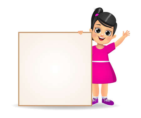 happy cute girl kid holding blank banners vectorのイラスト素材