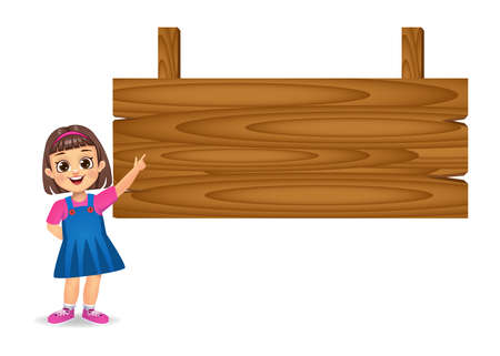 girl showing index finger to a blank wooden boardのイラスト素材