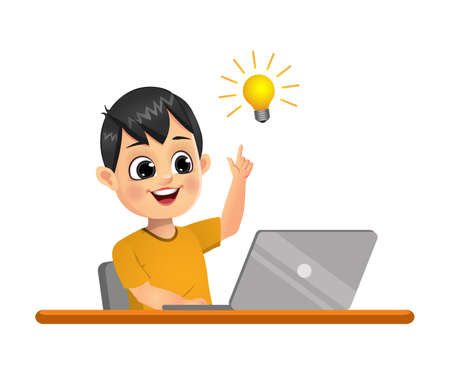 cute boy got the idea while using laptop vectorのイラスト素材