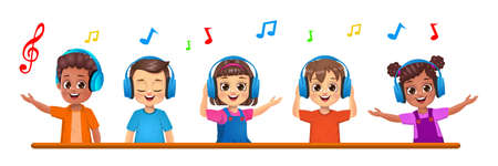 cute children listening to music together vectorのイラスト素材