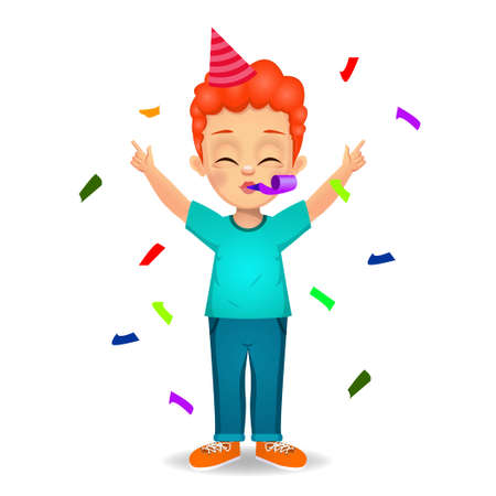 cute boy celebrating with party hat vectorのイラスト素材