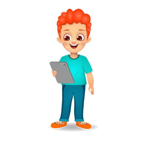 cute boy holding tablet vectorのイラスト素材