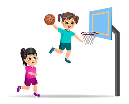 cute girl kid playing basketballのイラスト素材