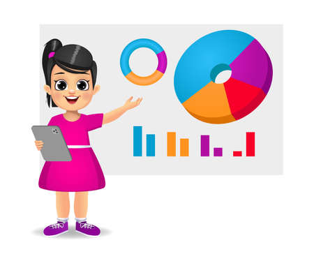 cute girl holding tablet and showing pie chartのイラスト素材