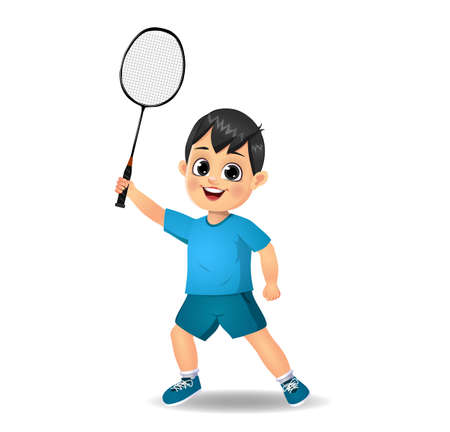 cute boy kid playing badmintonのイラスト素材