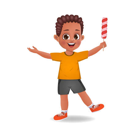 cute boy child eat candy. isolated on white backgroundのイラスト素材