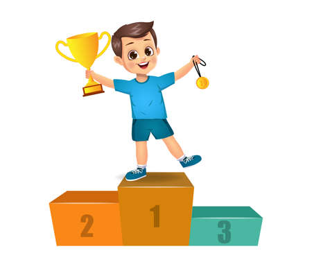 cute winner child standing on podium. isolated on white backgroundのイラスト素材