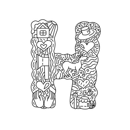 Alphabet. Letter H. Coloring. Cute objects isolated on a white background: house, heart, hands, hat, horse, honey. Doodle style. Vector illustration.のイラスト素材