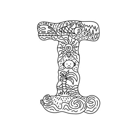 Alphabet. Letter I. Coloring. Cute objects isolated on a white background:iron, ice cream, icicle, idea, island. Doodle style. Vector illustration.のイラスト素材