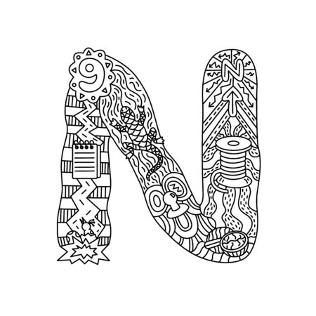 Alphabet. Letter N. Coloring. Cute objects isolated on a white background:
notebook, newt, nine, nipple, north, needle, nuts. Doodle style. Vector illustration.のイラスト素材