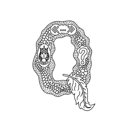 Alphabet. Letter Q. Coloring. Cute objects isolated on a white background: queen, quotation marks, question, quill. Doodle style. Vector illustration.のイラスト素材