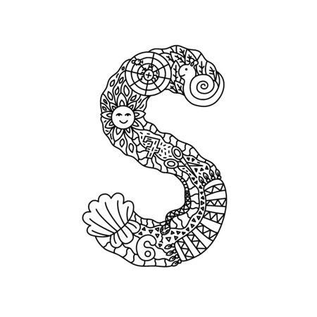 Alphabet. Letter S. Coloring. Cute objects isolated on a white background:
snail, spider, sun, seven, scissors, scarf, snake, six, shell. Doodle style. Vector illustration.のイラスト素材