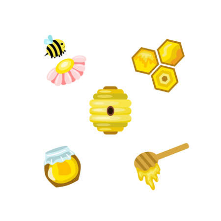 Set honey (bee, flower, honeycomb, beehive, honey jar, honey spoon). Vector illustration.のイラスト素材