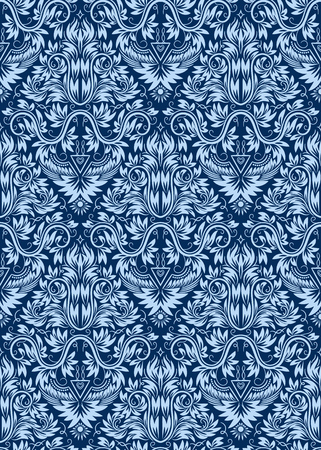 Damask seamless pattern repeating background. Blue floral ornament in baroque style.のイラスト素材