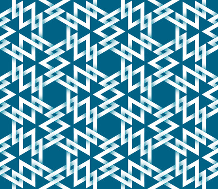 Abstract repeatable pattern background of white twisted strips on blue. Swatch of intertwined triangles and hexagons.のイラスト素材