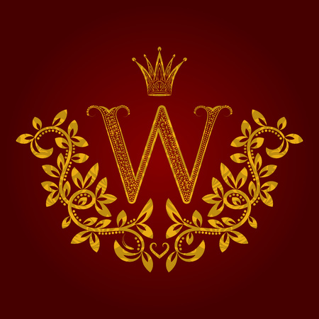 Patterned golden letter W monogram in vintage style. Heraldic coat of arms. Baroque template.のイラスト素材