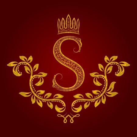 Patterned golden letter S monogram in vintage style. Heraldic coat of arms. Baroque template.のイラスト素材
