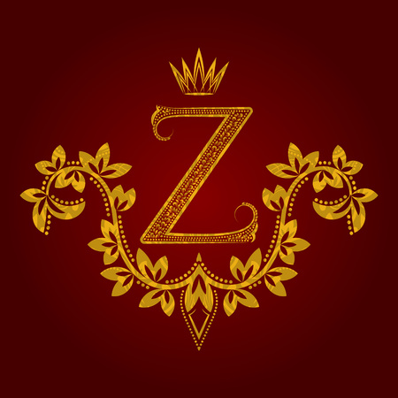 Patterned golden letter Z monogram in vintage style. Heraldic coat of arms. Baroque template.のイラスト素材