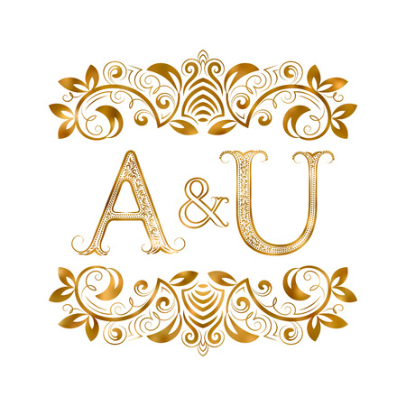 A and U vintage initials  symbol. Letters A, U, ampersand surrounded floral ornament. Wedding or business partners initials monogram in royal style.のイラスト素材