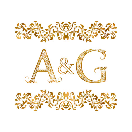 A&G vintage initials symbol. Letters A, G, ampersand surrounded floral ornament. Wedding or business partners initials monogram in royal style.のイラスト素材