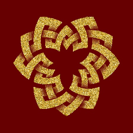 Golden glittering template in Celtic knots style on dark red background. Symbol in trefoil form. Gold ornament for jewelry design.のイラスト素材