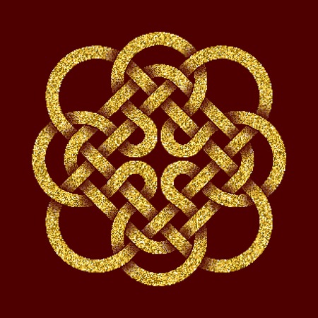 Golden glittering template in Celtic knots style on dark red background. Tribal symbol in cruciform maze form. Gold ornament for jewelry design.のイラスト素材