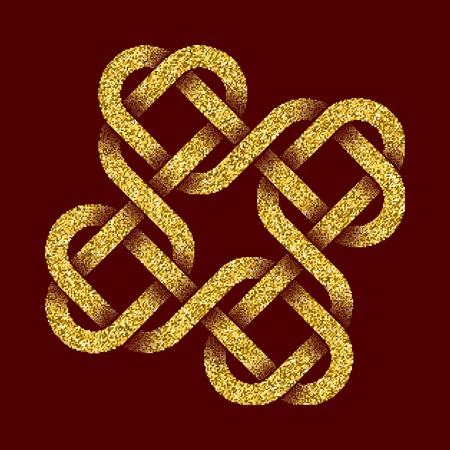 Golden glittering  template in Celtic knots style on dark red background. Tribal symbol in cruciform with hearts maze form. Gold ornament for jewelry design.のイラスト素材