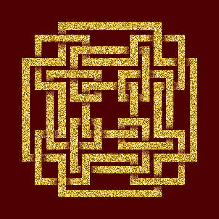 Golden glittering template in Celtic knots style on dark red background. Tribal symbol in square maze form. Gold ornament for jewelry design.のイラスト素材