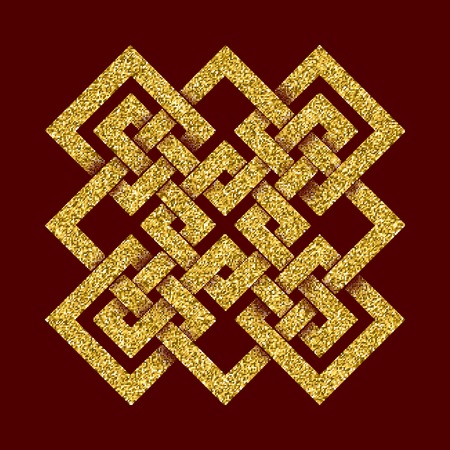 Golden glittering template in Celtic knots style on dark red background. Tribal symbol in cruciform maze form. Gold ornament for jewelry design.のイラスト素材