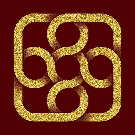 Golden glittering template in Celtic knots style on dark red background. Tribal symbol in square maze form of connected rings. Gold ornament for jewelry design.のイラスト素材