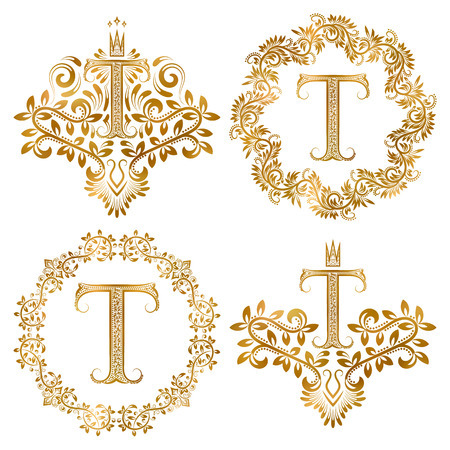 Golden T letter vintage monograms set. Heraldic coats of arms and round frames.のイラスト素材