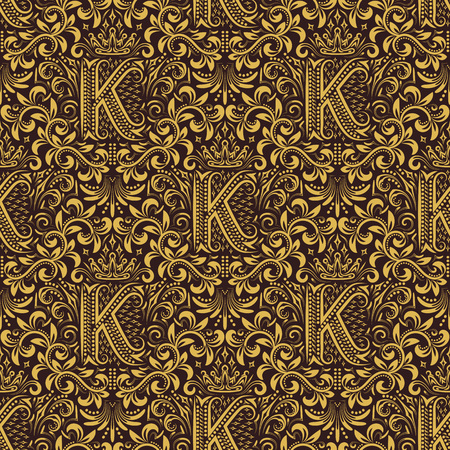 Damask seamless pattern repeating background. Gold brown floral ornament with K letter and crown in baroque style. Antique golden repeatable wallpaper.のイラスト素材