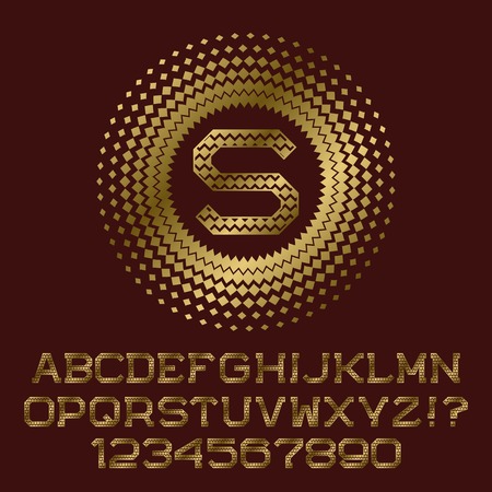 Rhombuses patterned gold letters and numbers with s initial monogram. Beautiful font for logo design. Isolated english alphabet, figures.のイラスト素材