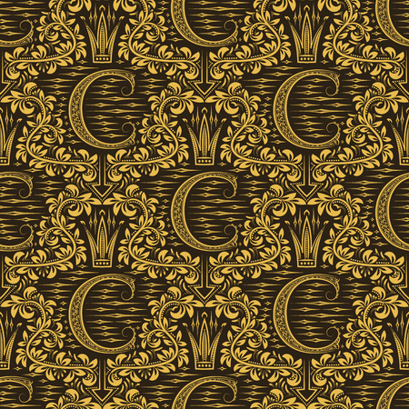 Damask seamless pattern repeating background. Gold brown floral ornament with C letter and crown in baroque style. Antique golden repeatable wallpaper.のイラスト素材