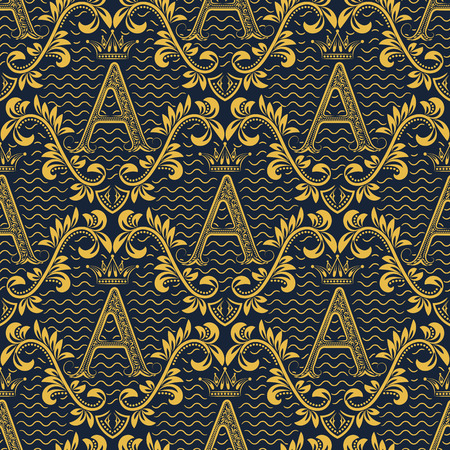 Damask seamless pattern repeating background. Gold blue floral ornament with A letter and crown in baroque style. Antique golden repeatable wallpaper.のイラスト素材