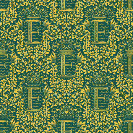 Damask seamless pattern repeating background. Golden turquoise floral ornament with E letter and crown in baroque style. Antique golden repeatable wallpaper.のイラスト素材