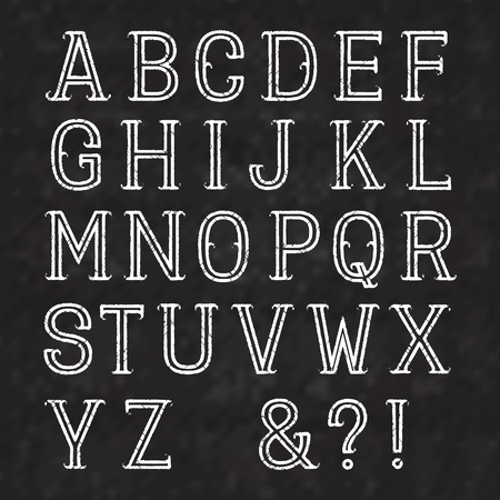 White capital letters of shabby paint on a black marble surface. Outline font with cracks. Type in grunge style. Latin alphabet.のイラスト素材