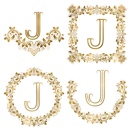 Golden J letter ornamental monograms set. Heraldic symbols in wreaths, square and round frames.のイラスト素材