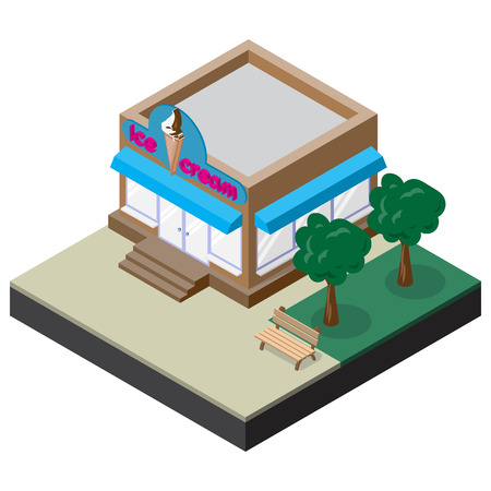 Isometric ice cream shop with bench and trees. Vector illustration for design of various applications.のイラスト素材