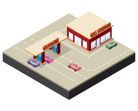 Isometric gas station with cars, gasoline pump nozzles and markings on the road. Vector illustration for design of some game applications.のイラスト素材