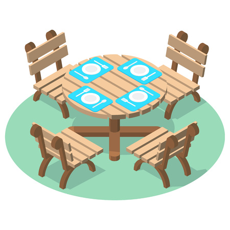 Isometric furniture - dinner table with cutlery and four chairs. Wooden table and chairs for cafe or restaurant.のイラスト素材
