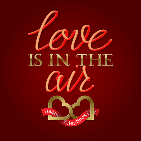 Love Is In The Air golden and gradient luminous lettering text with two connected hearts symbol. Happy Valentines Day greeting card design.のイラスト素材