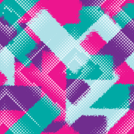 Abstract grunge seamless chaotic pattern with brushstrokes, drops and halftone square spirals. Trendy colorful texture background. Modern wallpaper. Fashionable print.のイラスト素材