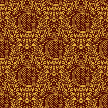 Damask seamless pattern repeating background. Golden maroon floral ornament with G letter and crown in baroque style. Antique golden repeatable wallpaper.のイラスト素材