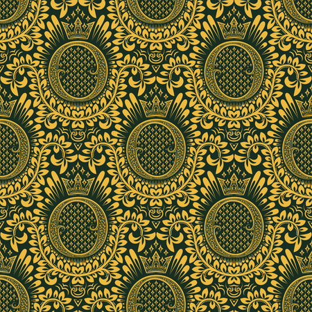 Damask seamless pattern repeating background. Golden green floral ornament with O letter and crown in baroque style. Antique golden repeatable wallpaper.のイラスト素材