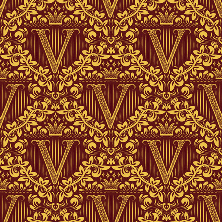 Damask seamless pattern repeating background. Golden maroon floral ornament with V letter and crown in baroque style. Antique golden repeatable wallpaper.のイラスト素材