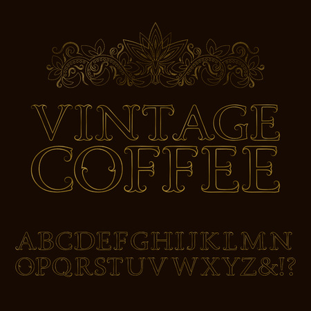 Gold contour letters with tendrils. Baroque style font. Isolated English alphabet with text Vintage Coffee.のイラスト素材