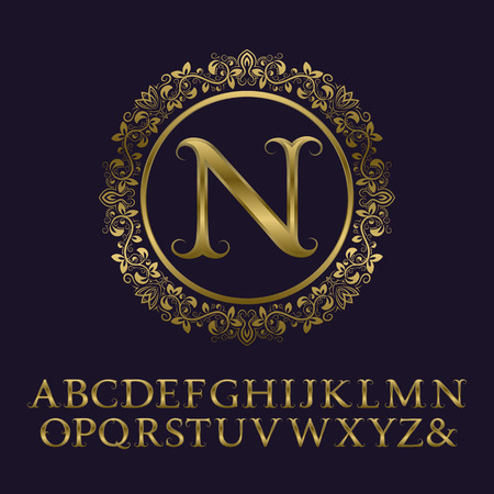 Tendrils gold letters with N initial monogram. Baroque style font for logo design. Isolated english vintage alphabet.のイラスト素材