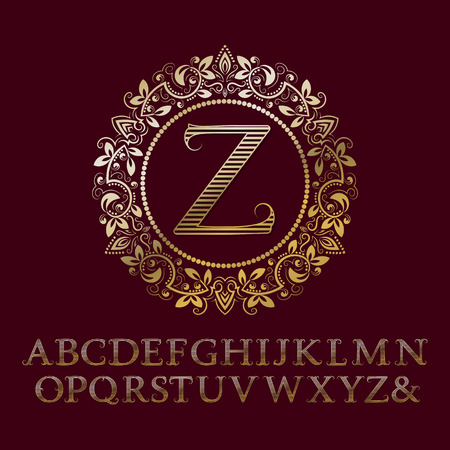 Stripy gold letters with Z initial monogram. Baroque style font for design. Isolated english vintage alphabet.のイラスト素材